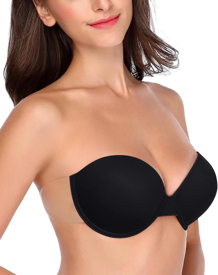 Backless Strapless Push Up Bra for Women Thick Padded Sticky Underwired Bras Self Adhesive (Black)