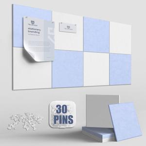 TSJOFFICE Large Cork Board for Wall - 48" x 24" Bulletin Board with 30 Pushpins for Office Decor, Pin Board 8 Pack Felt Tiles with Safe Removable Adhesive Tabs, Corkboard for Home - Light Blue & White