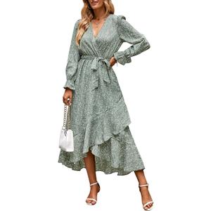 BTFBM Women Long Sleeve Dresses Spring Summer Clothes 2025 V Neck Floral High Waist Ruffle Boho Wedding Guest Dress (Small)