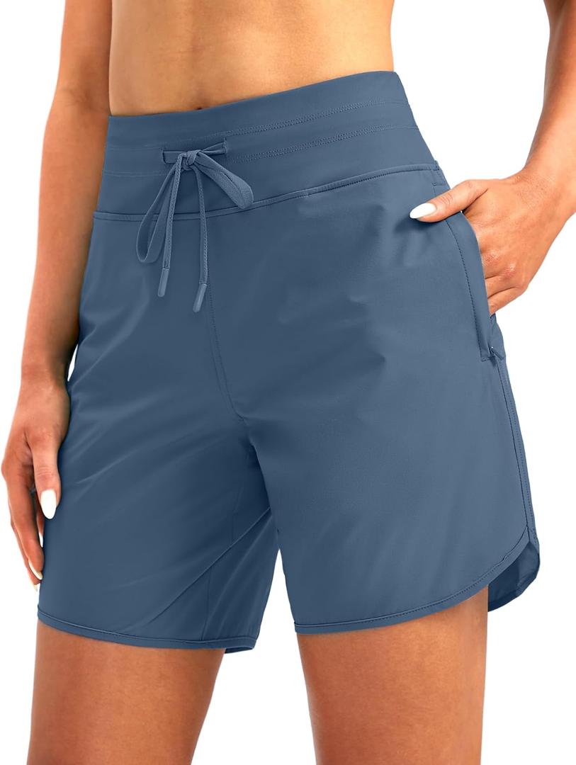 G Gradual Women's 7" Quick Dry High Waisted Swim Board Shorts with Zipper Pockets UPF 50+ Beach Shorts for Women with Liner, Large