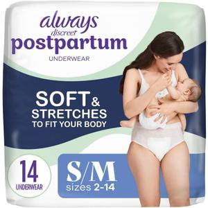 Always Discreet Postpartum and Adult Incontinence Underwear for Women, Size S/M, Maximum Protection, 14 CT