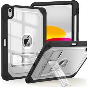 ZoneFoker Case for iPad 11-inch (A16) 2025 / iPad 10th Gen 10.9 inch 2022, Heavy Duty Shockproof Rugged Protective with Pencil Holder, 11th / 10th Translucent Cover with Kickstand, Black (#12 BLACK+CLEAR)