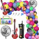 Amandir 80s 90s Theme Party Decorations, 90Pcs Balloon Garland Kit 6PCS Disco Ball Radio Boom Box Retro Mobile Phone Guitar Microphone Foil Balloons for Back to 80s 90s Hip Hop Birthday Supplies