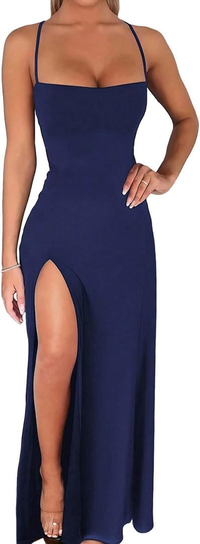 Ulovmi Formal Wedding Guest Dress Women Sexy Bodycon Elegant Maxi Gown for Evening Dinner Prom High Slit Square Neck Backless (Blue, L)