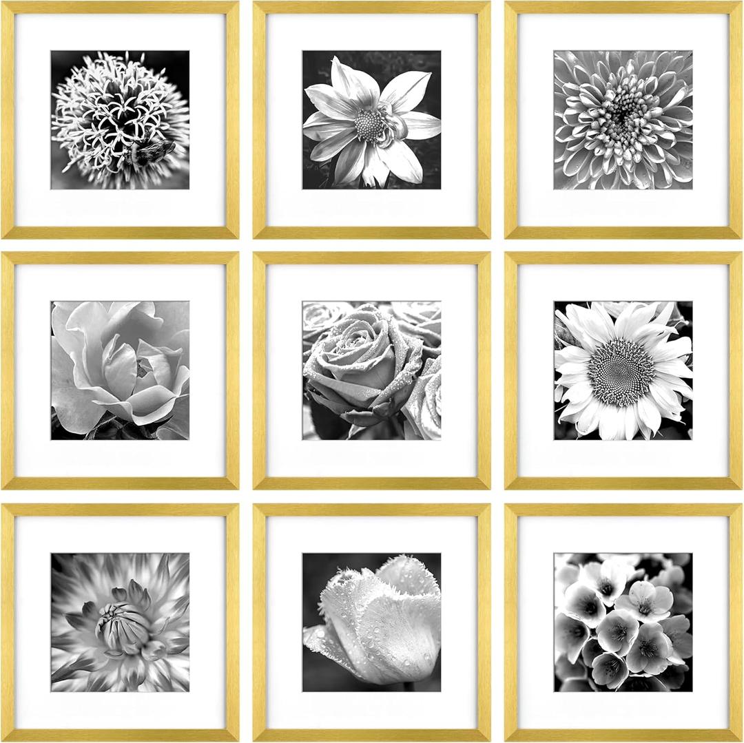 Yaetm Gold 12x12 Picture Frames Set of 9, Square Frame Displays 8x8 with Mat or 12x12 without Mat, Gallery Wall Frame Set for Wall Mounting (9 pack, Gold)