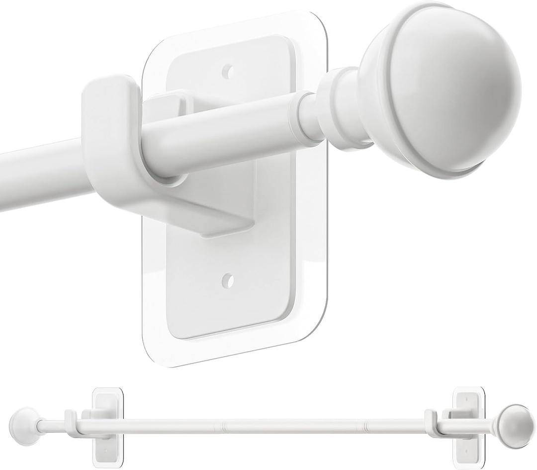 ENJOYBASICS No Drill Curtain Rods for Window 28 to 60 Inches, 5/8 Inch Diameter Renter Friendly Drapery Rod with Adhesive Brackets without Drilling, Adjustable from 27 to 65 Inches, White