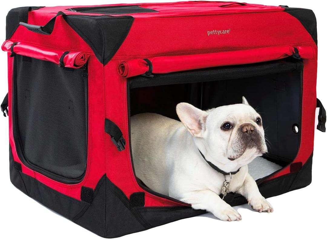 Pettycare 26 Inch Collapsible Dog Crate with Curtains Travel Dog Crate for Airflow and Calm Soft Pet Kennel with Portable Bag and More Chew Proof Mesh Indoor & Outdoor Red 4 Door Curtains (S: 26''Lx18''Wx18''H)