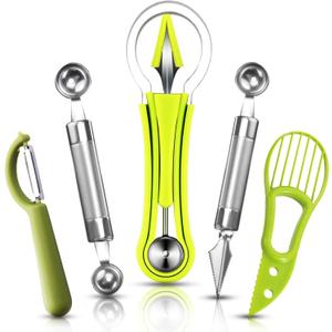 5Pcs Melon Baller Scoop Set, 4 in 1 Stainless Steel Fruit Scooper Seed Remover Cutter, Double Sided Melon Baller Spoon, Avocado Cutter, Watermelon Carving Knife for Dig Pulp Separator Fruit Slicer