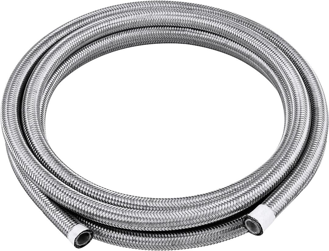 6AN 10FT PTFE Fuel Line Hose, E85 Braided Nylon Stainless Steel Fuel Oil Gas Hose Compatible with all Automotive Fuels, Lubricants, and Coolant (ID 5/16 Inch) - Sliver (Silver)