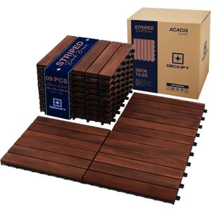 9 Pcs Acacia Wood Interlocking Patio Deck Tiles, 12 x 12 x 0.9 Inch Outdoor Flooring, Waterproof for All-Weather Use Striped, Dark Brown
