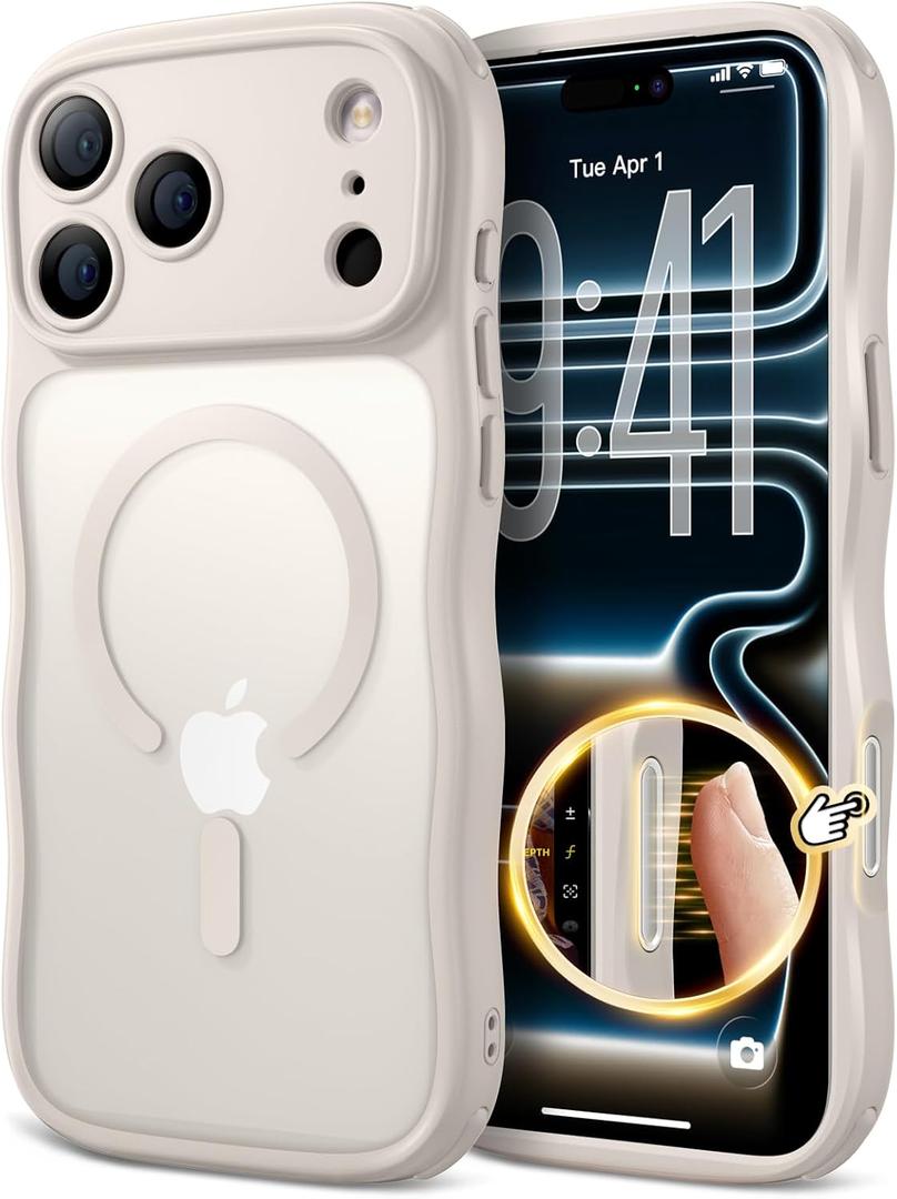 3 x for iPhone 17 Pro Max Case for Women Girls,Compatible with MagSafe,Camera Control,Full Camera Protection, Cute Wave Magnetic Phone Case for iPhone 17 Pro Max,Stone