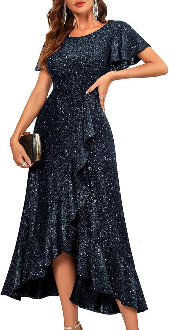 BeryLove Women Sequin Formal Party Dress Flutter Short Sleeve Wedding Cocktail Long Evening Dress (Medium, Darkblue)