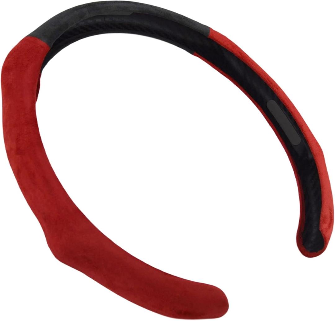 Quick Install Sporty Suede Leather Steering Wheel Cover with Red Top Trim Universal fit Any 14½" to 15" Car SUV Pickup Steering Wheel