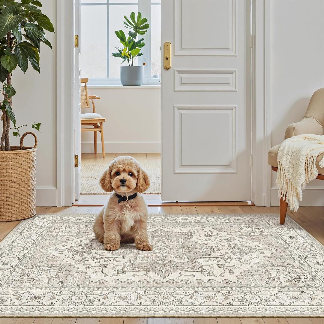 Madane Washable Area Rug 2x3, Small Entryway Rug Non-Slip Vintage Door Mat Indoor Entrance, Low Pile Floor Carpet for Inside Front Door Bedroom Kitchen Entry Laundry (2'x3', Beige/Brown)