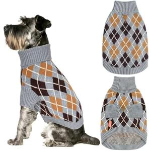 KYEESE Dog Sweater Thick Dogs Coats Turtleneck Pet Sweater Warm Dogs Clothes with Long Sleeve Diamond Plaid Dog Sweater for Small Pet, Gray, Small