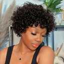 Breathable Glueless Afro Curly Wigs Human Hair with Bangs Short Natural Curls for Women Non Lace Front Lightweight Daily Wear (Black,6inch)