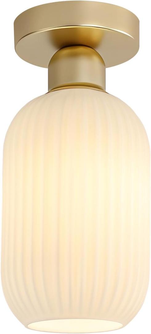 KCO Milk Glass Flush Mount Ceiling Light Mini Ribbed White Glass Mid Century Modern Semi Flush Mount Brass Bathroom Ceiling Light 11.4" x 5.5" x 4.7" Gold & White