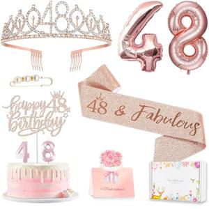 Awfrky 48th Birthday Decorations for Her Women, Including 48 year old Birthday Cake Topper,Queen Sash with Pearl Pin, Sweet Rhinestone Tiara Crown, Number Candles and Balloons Set, Rose Gold