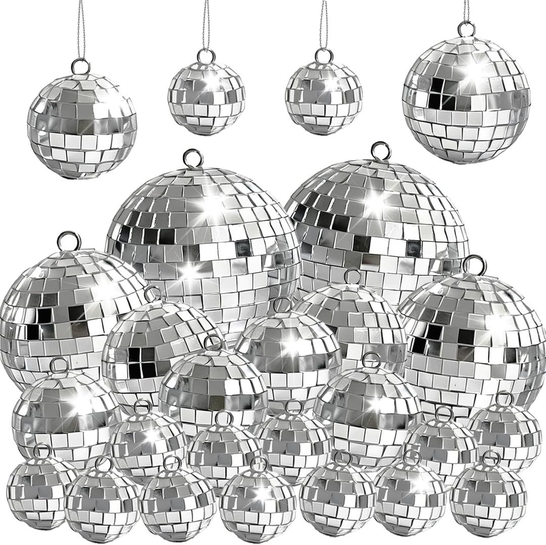 26 Pcs Mini Disco Balls Decor Silver Mirror Hanging Disco Ball Ornaments for Party Decorations Christmas Tree Wedding Music Festival Prom Props