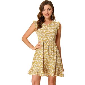 Allegra K Women's Floral Print V Neck A-Line Summer Sleeveless Ruffle Mini Dress (Medium)