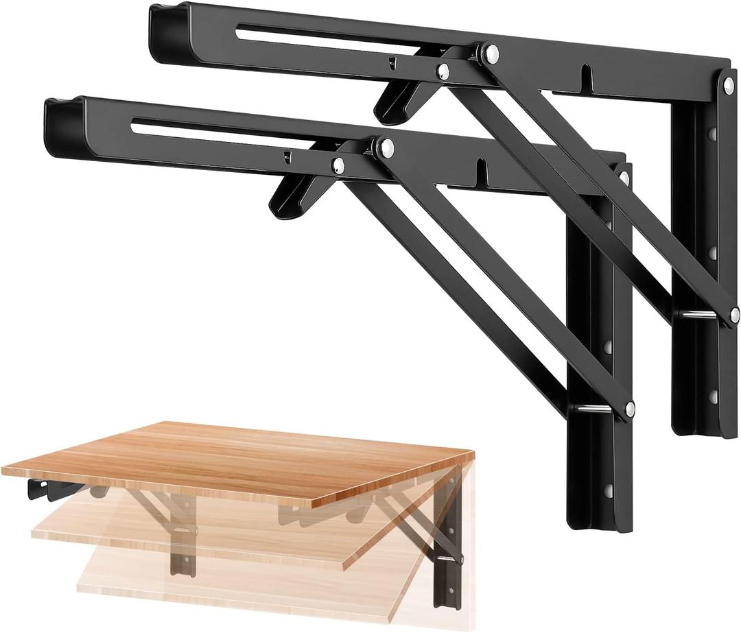 Ravinte 2 Pack 14 Inch Folding Shelf Brackets Matte Black, Heavy Duty Collapsible Brackets for Tables and Benches Space-Saving Design