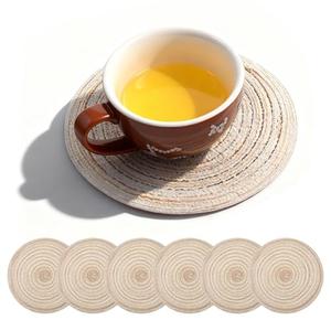 7 Inch Round Braided Placemats Set of 6, Round Table Mats Woven Placemats Coffee Mat Non Slip Natural Heat Resistant Washable Polyester Boho Place Mat for Dining Kitchen Table Party Decor (Beige)