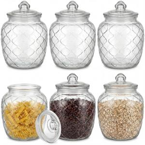 LemonRoad 6 Set 41 oz Glass Jars with Airtight Lids, Embossed Canisters