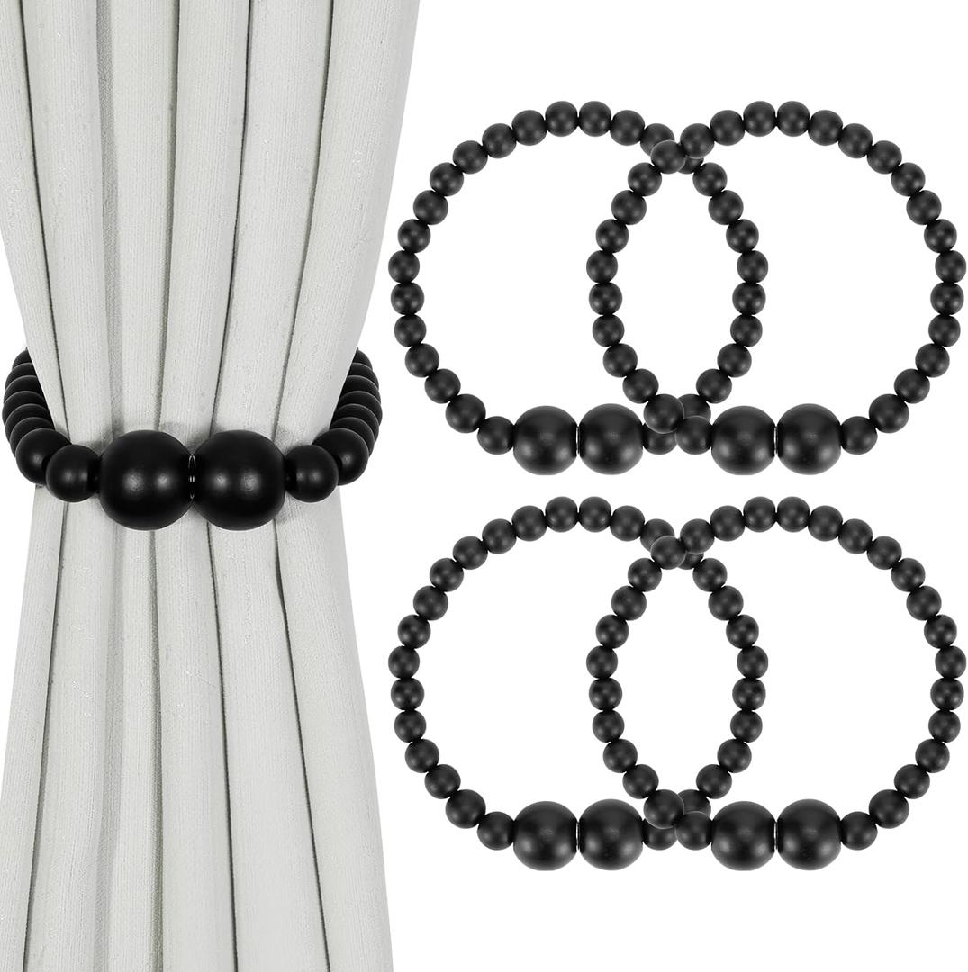 Magnetic Curtain Tiebacks, 4 Pack Curtain Holdbacks for Draperies, Wood Bead Curtain Tiebacks, Elegant Curtain Tie Backs for Bedroom Decor, Boho Room Decor, Nursery Decor, Farmhouse Decor (Black)