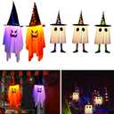 5PCS Halloween Hanging Ghosts, Large Size Lighted Glowing Ghost with Witch Hat Halloween Decorations Ornaments Outdoor Indoor for Home Yard Patio Garden Tree Party Outside