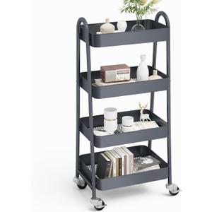 OLIXIS Metal 4 Tiers Utility Rolling Cart, Mobile Storage Shelf with Lockable Caster Wheels, Organization for Livingroom, Bathroom & Narrow Places, 4-Tier Gray
