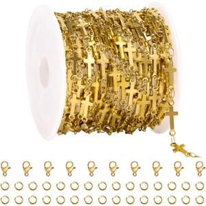 YOUBEIYEE 13 Feet Gold Plated Cross Chain for Jewelry Making Stainless Steel Bar Link Chains Bulk on Spool with Jump Rings Lobster Clasps
