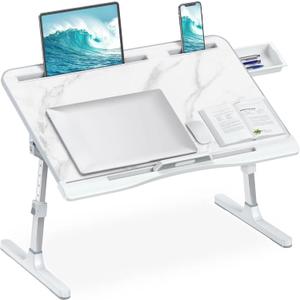 HETTHI Laptop Bed Desk, Adjustable Laptop Lap Desk with Drawer, X-Large Foldable Bed Table Tray for Bed Couch Floor Desk Writing Working Reading Eating Painting (Marble, 23.6"15.7")