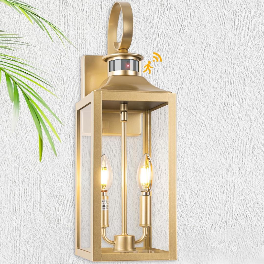 20" Gold Motion Sensor Outdoor Light, Large Dusk to Dawn Outdoor Lighting Fixture, Farmhouse Wall Mounted Porch Lamp, Waterproof Sconce Light for Outside Patio, 3 Modes/2-Light/1-Pack