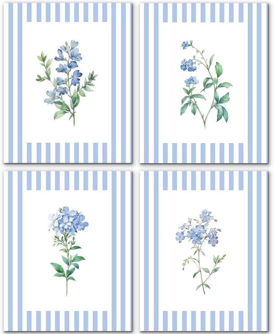 JINYO Blue Wall Art Decor, Vintage Blue and White Striped Floral Wall Art Prints Set of 4, Rustic Cottagecore Botanical Wall Decor Posters Pictures for Home Bedroom Living Room, 8x10 Unframed