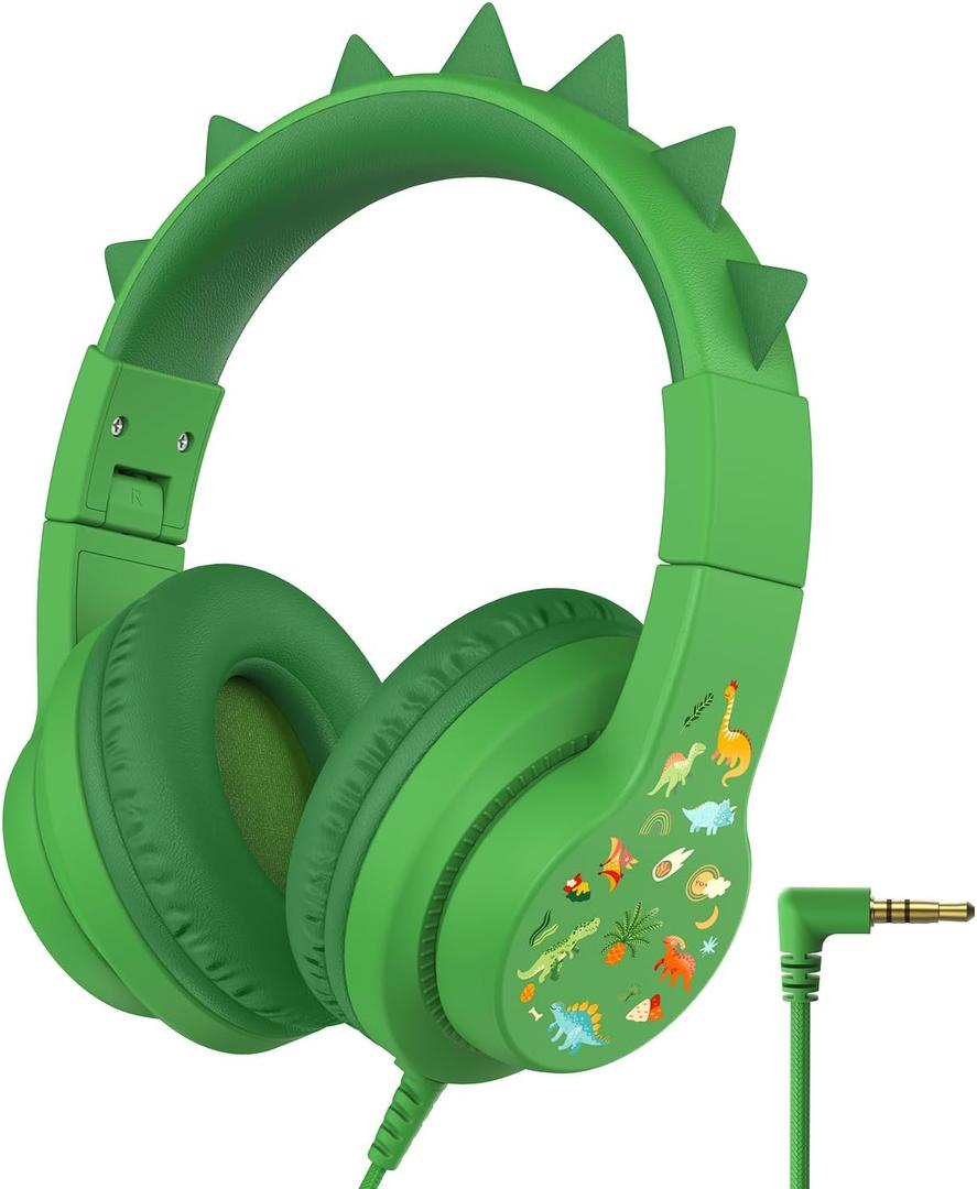 iClever Kids Headphones for School Travel, Safe Volume 85dBA, Stereo Sound Over-Ear for Kid, Foldable 3.5mm Wired Dinosaur Headphones for iPad Computer, HS19S (Green)