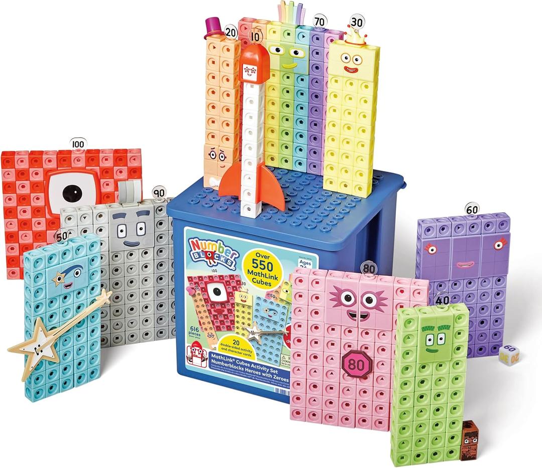 hand2mind Numberblocks Heroes with Zeroes MathLink Cubes Activity Set, Preschool Learning Activities, Math Manipulatives Kindergarten, Counting Blocks, Number Linking Cubes, Kids Educational Toys