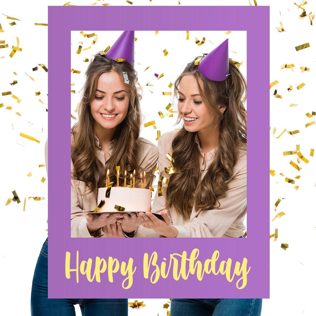 32 x 24 Inch Extra Large Happy Birthday Photo Booth Selfie Frame Props Picture DIY Cutouts Photo Backdrop Cardboard Props for Party Supplies Favors(Vertical, Purple Gold)