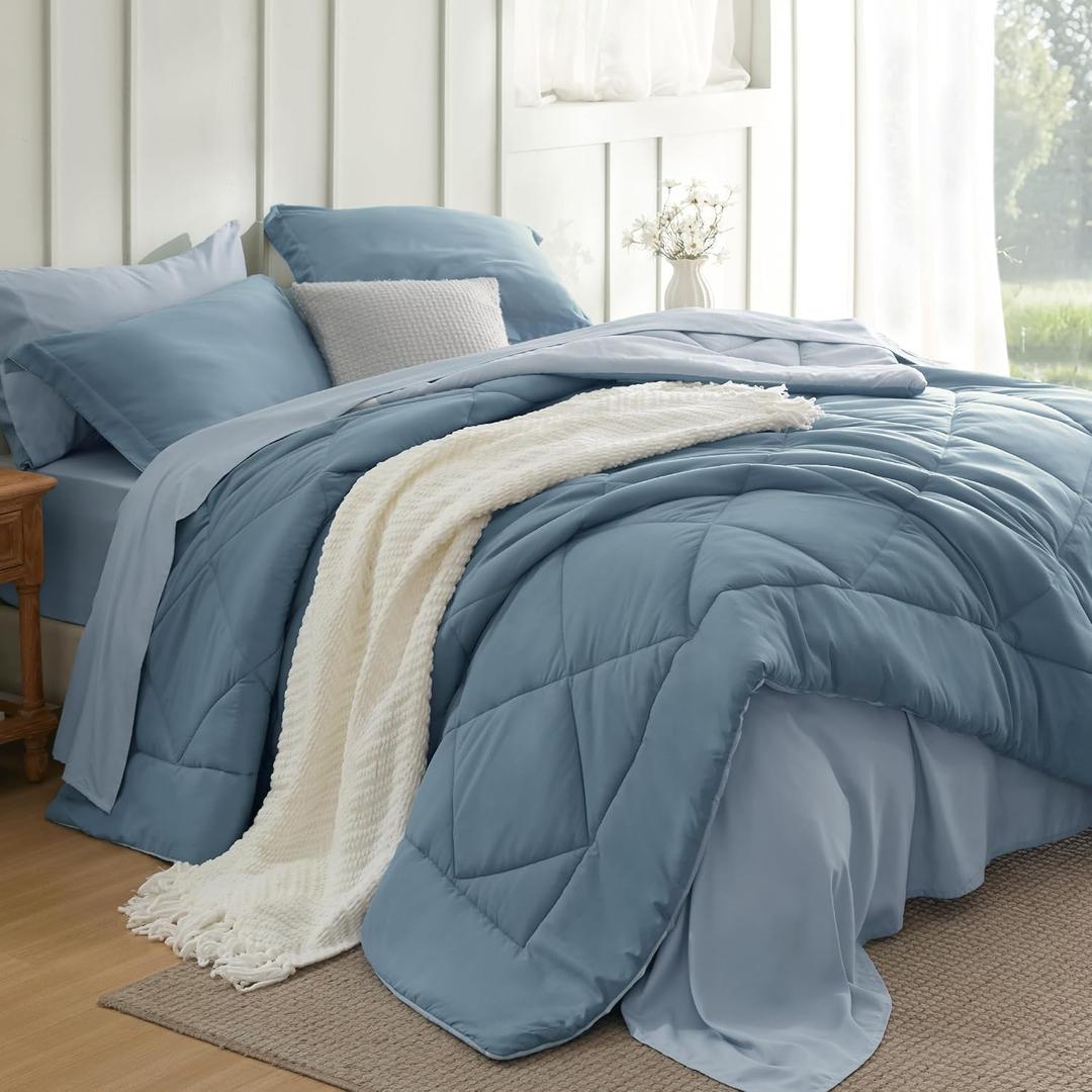 Bedsure Queen Grayish Blue Comforter Set - 7 Pieces Reversible Bedding, Queen Size Bed Set for All Seasons, Bed in a Bag with Down Alternative Comforter, Sheets, Pillowcases & Shams