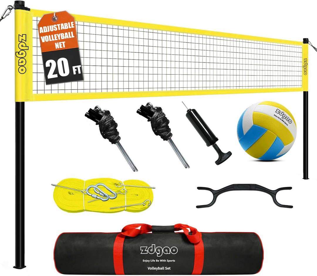 Outdoor Portable Volleyball Net System - Adjustable Height Poles with Soft Volleyball Ball, Pump, Hammer, Boundary Line, and Carry Bag for Backyard, Beach, Lawn, 20'lx3'w