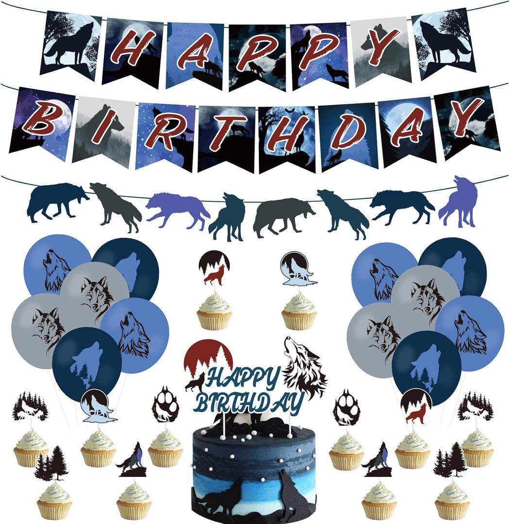 Wolf Birthday Party Decorations, Wolf Party Supplies with Happy Birthday Banner, Wolves Garland Sign, Cake Toppers, Latex Balloons for Kids Boys Girls Animals Wolf Theme Party Decors