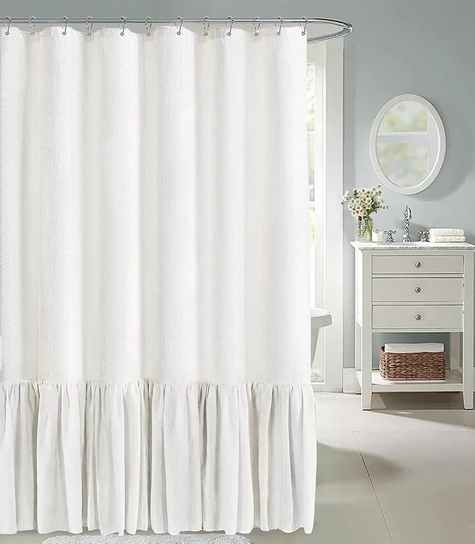 Awellife Farmhouse Shower Curtain Ruffle Linen Textured Boho Shower Curtain for Bathroom, White 72" W x 72" L