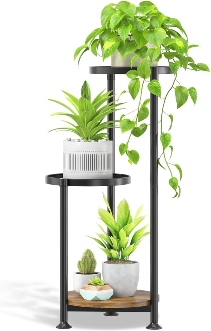 Oppro 3 Tier Plant Stand Indoor Outdoor, 10in Wide Metal Tiered Tall Flower Pot Holder Multiple Shelf, Large Heavy Duty Round Rack for Patio Garden Living Room Balcony Corner Bathroom Orchid,Modern Black