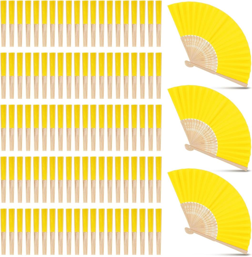 Yinkin 100 Pack Folding Fans Bamboo Handheld Folded Craft Hand Japanese Chinese Fans for Weddings Bridal Dancing Church DIY Decoration Women Gift Party Favors (Yellow)