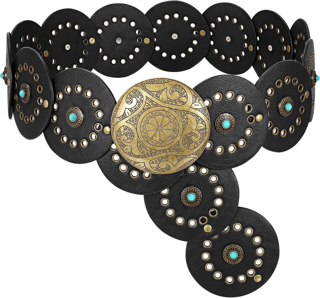 XZQTIVE Western PU Leather Belts for Woman Concho Cowgirl Cowboy Disc Belt for Ladies Wide Boho Country Waist Belts for Dress (White)