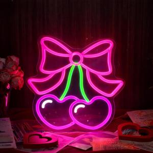 Valentines Galentines Day Decor Hot Pink Valentines Cherry Bow Neon Sign Window Light Heart LED Light USB Powered 11.8 x 11.8'' Adjustable Lighting for Cherry Birthday Party Room Bedroom Decor