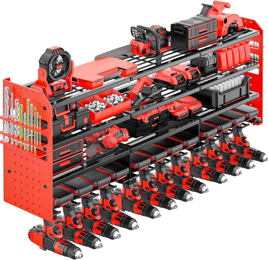 Large Power Tool Organizer Wall Mount-12 Drill Holder, Metal Heavy Duty Garage Tool Storage Shelves with Screwdriver Plier Holder, Gifts Idea for Men Dad Husband (Red)