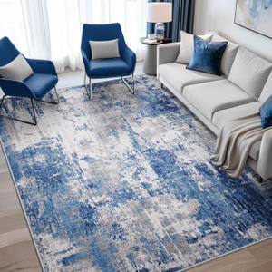 Washable Area Rugs 6'x9' Non-Slip Modern Abstract Soft for Living Room Entryway Bedroom Nursery, Print Pattern, Blue Grey Navy Gray