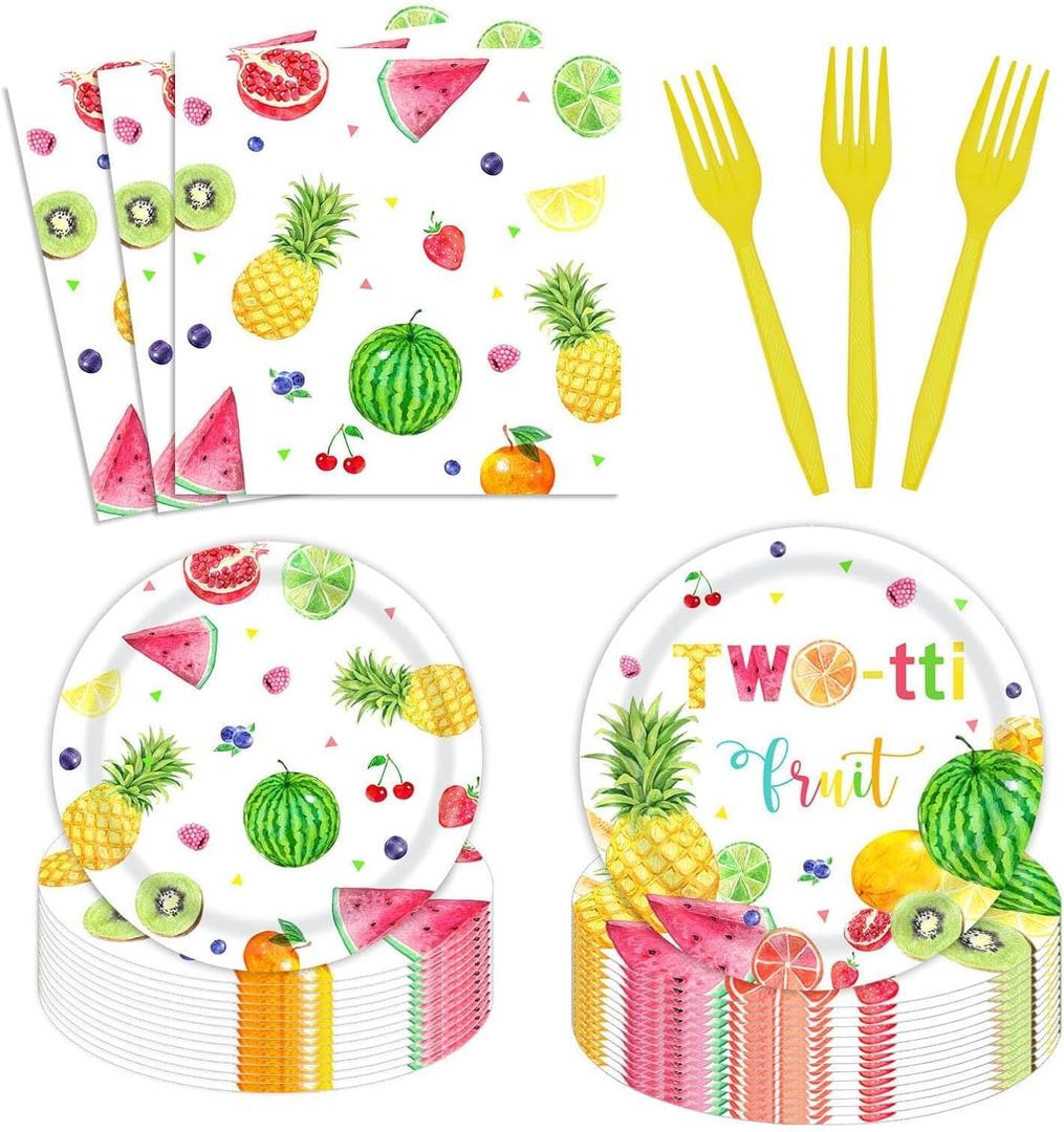 Twotti Frutti 24-Pack Disposable Fruit Plates, Forks & Napkins - 2nd Birthday Party Supplies with 48 Paper Plates, 24 Forks, 24 Napkins