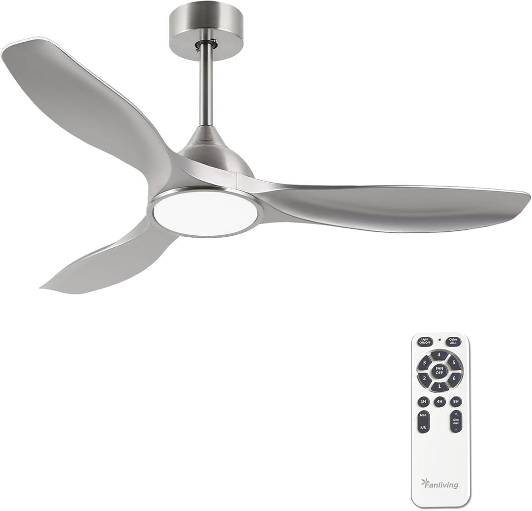 52 Inch Quiet DC Motor 6 Speed High CFM Modern Ceiling Fan with Lights Remote Control, 3 Blade Indoor Silver Ceiling Fan for Bedroom, Office, Living Room