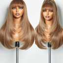 GORGIUS Highlight Straight Layered Wigs with Bangs Glueless Light Brown with Blond Highlights 22 Inch Wigs Crafted with Style-Archive Premium Fiber Natural Hairline